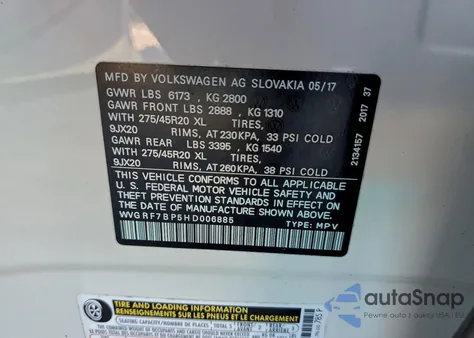 2017 Volkswagen Touareg Wolfsburg from USA, damaged, VIN WVGRF7BP5HD006885